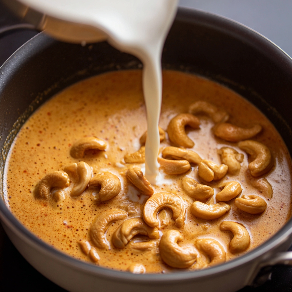 A pan showing cashews being added to a creamy mixture with milk being poured in.