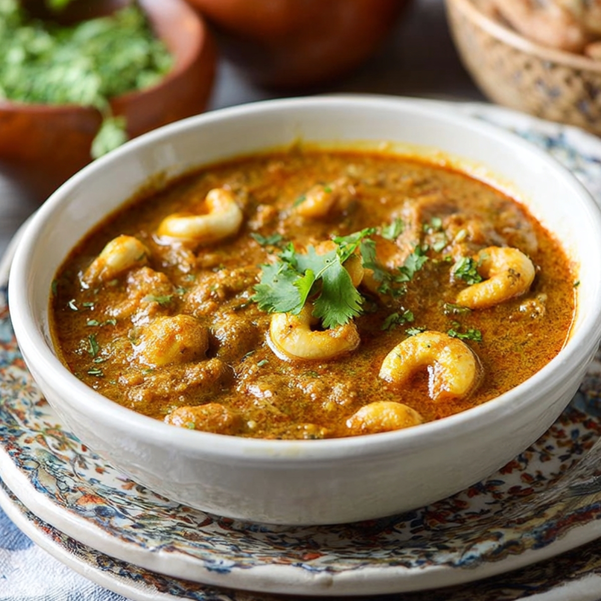A rich and creamy cashew curry served with rice, garnished with fresh coriander leaves.