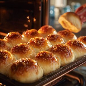A tray of freshly baked, golden-brown sweet rolls, with a glossy, sugary glaze on top. One roll is being removed from the tray, and the warm light from the oven creates a cozy atmosphere.