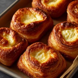 A close-up of baked pastries with a custard filling visible, showcasing their golden-brown, flaky texture with creamy filling in the center.