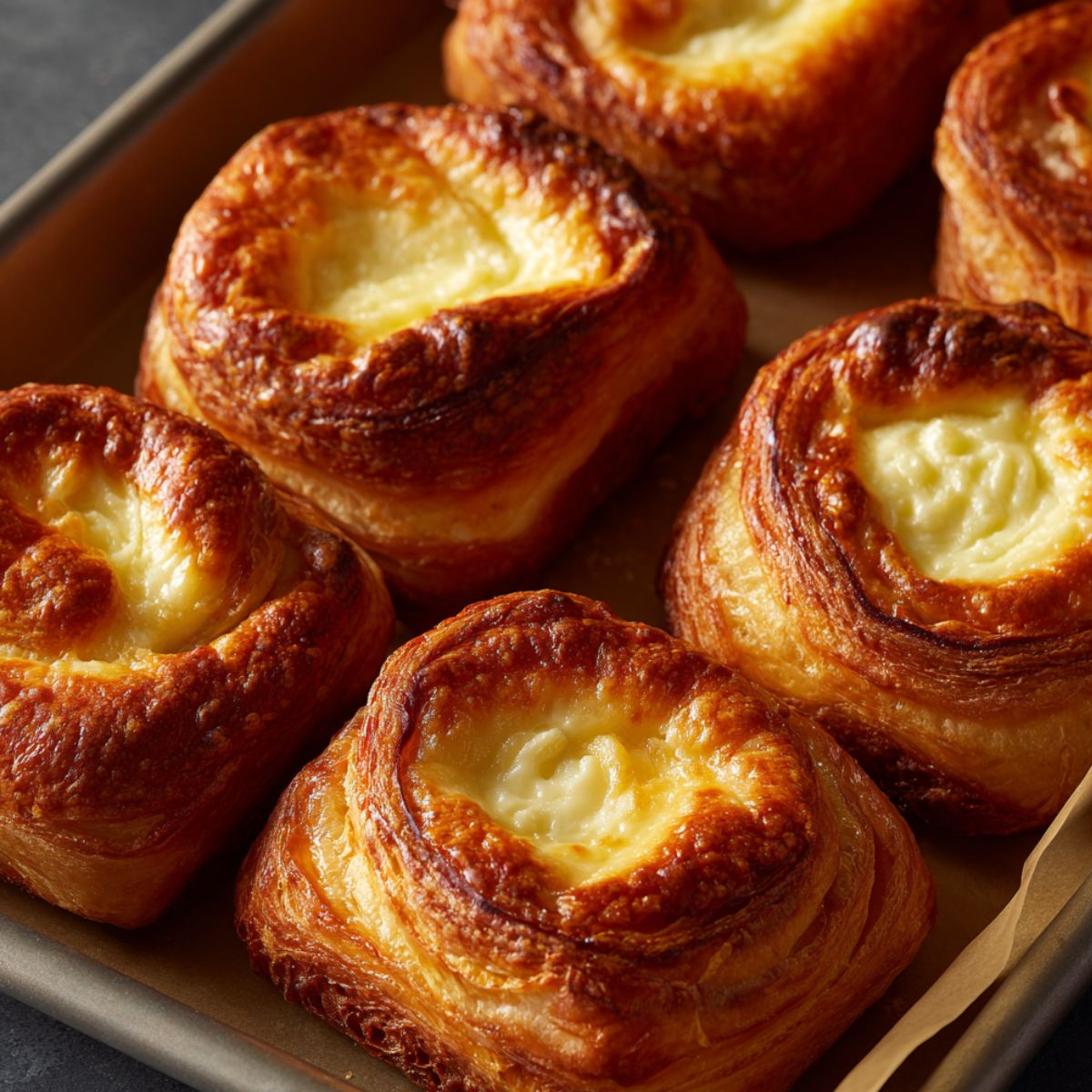 A close-up of baked pastries with a custard filling visible, showcasing their golden-brown, flaky texture with creamy filling in the center.