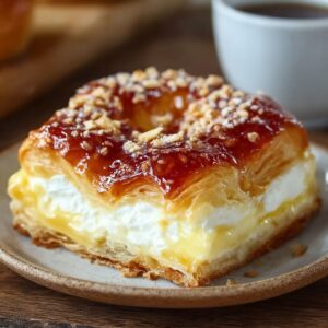 A delicious-looking pastry with layers of golden-brown crust, filled with creamy custard and topped with a glossy layer of fruit preserve and crushed nuts, served on a plate beside a cup of coffee.