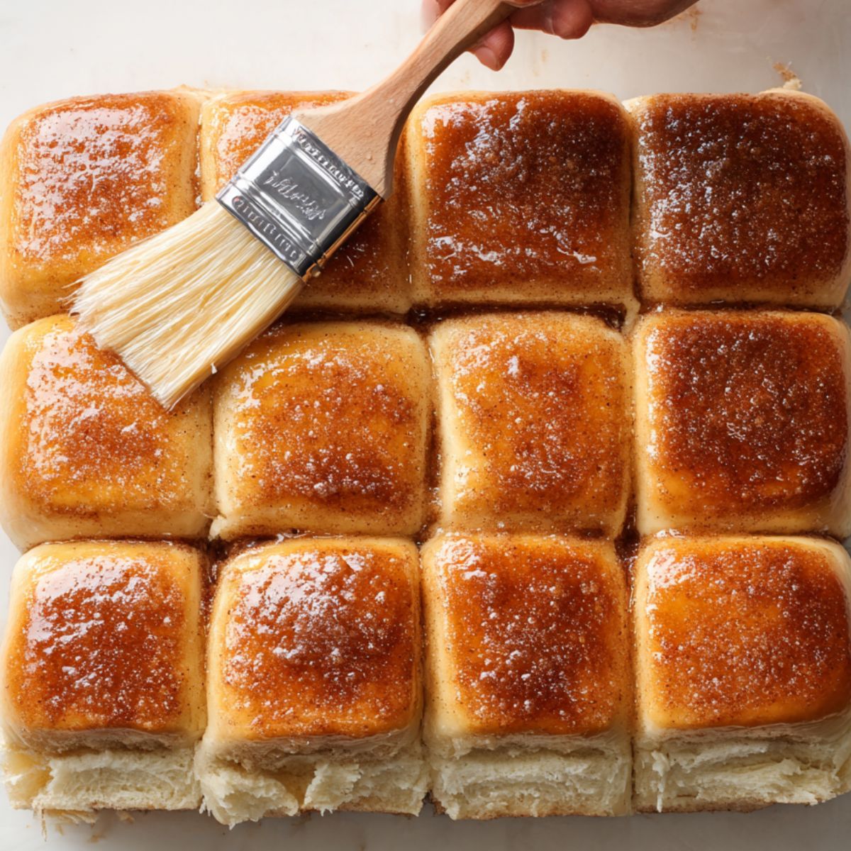 A tray of cinnamon rolls being brushed with a sugary glaze after baking, with a close-up view of the soft, fluffy texture of the rolls topped with cinnamon sugar.