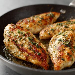 Chicken breasts searing in a pan with garlic and herbs, golden brown on the outside.