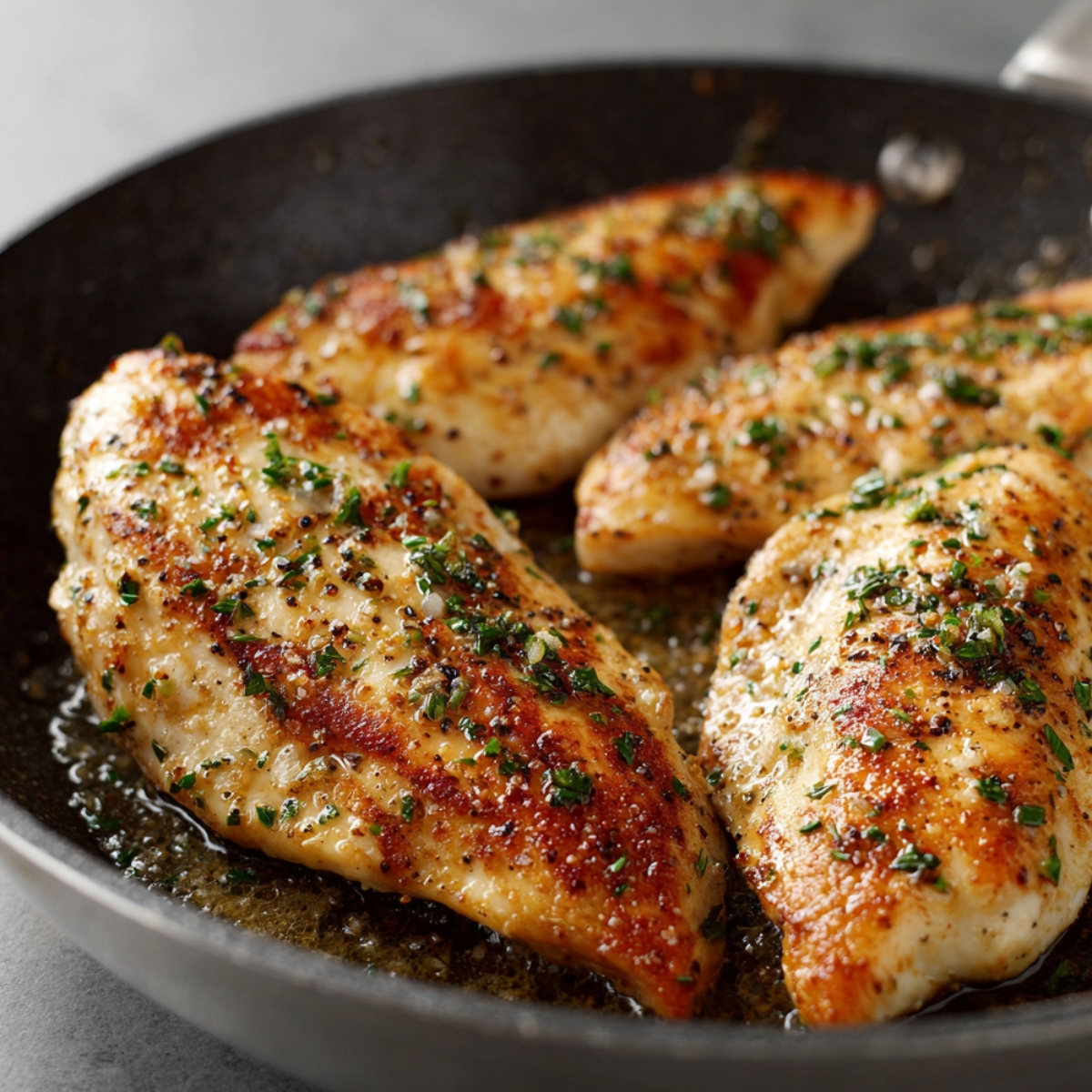 Chicken breasts searing in a pan with garlic and herbs, golden brown on the outside.