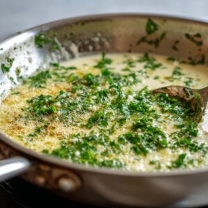 Creamy lemon garlic sauce in a stainless steel pan, sprinkled with fresh parsley, with a spoon for stirring.