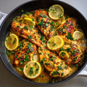 A skillet with chicken breasts cooked in lemon sauce, garnished with chopped parsley and lemon slices.