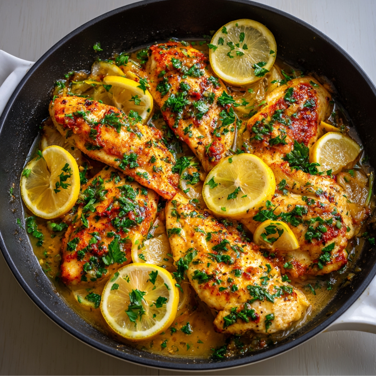 A skillet with chicken breasts cooked in lemon sauce, garnished with chopped parsley and lemon slices.