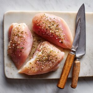 Raw chicken breasts seasoned with salt, pepper, and herbs on a marble board with wooden-handled knives.