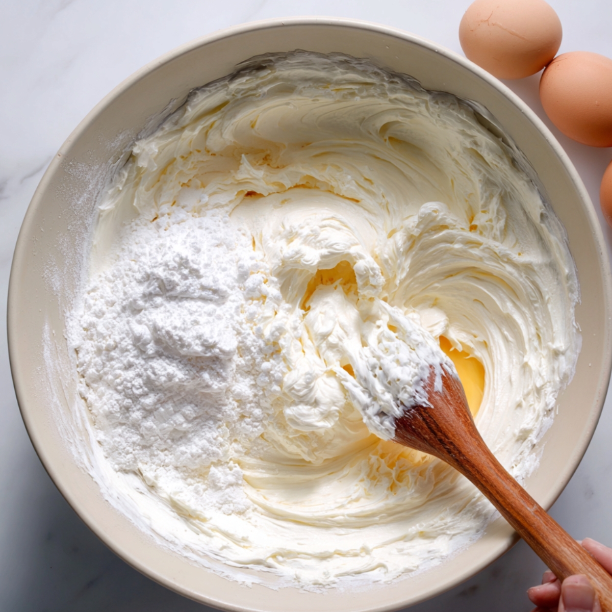 A large mixing bowl filled with fluffy, whipped cream cheese and powdered sugar being combined with a wooden spoon. The mixture is light and creamy, with visible folds and swirls showing its airy texture. Three brown eggs rest beside the bowl on a marble surface, hinting at the next baking step.