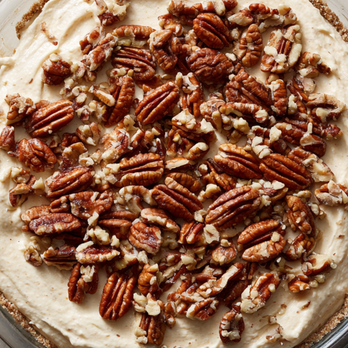 A round pie dish filled with creamy, whipped cream cheese filling topped with a generous layer of whole and chopped pecans. The crust is crumbly and golden brown, contrasting with the smooth, light filling. The pie looks luxurious and festive, perfect for a holiday dessert.
