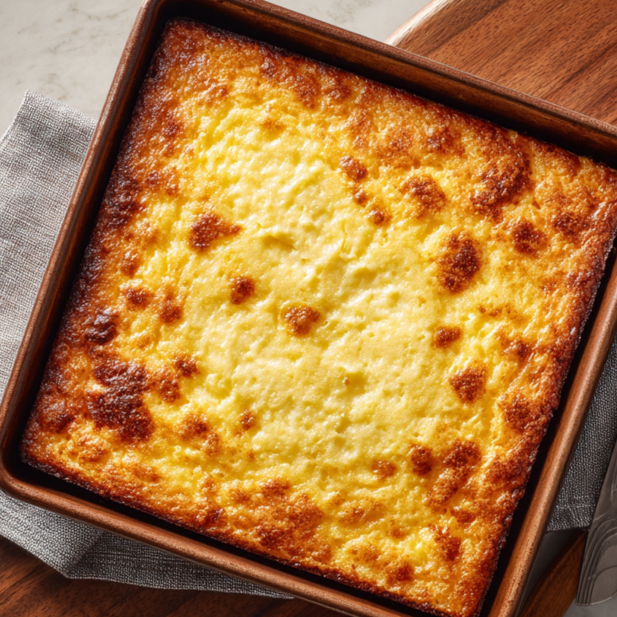 A perfectly baked Neiman Marcus cake with a golden-brown, slightly caramelized surface in a square baking dish. The top has an even, glistening crust with small darker spots where the sugar has bubbled and browned. The cake sits on a wooden board with a spoon and wooden spatula beside it, exuding a cozy, home-baked feel.