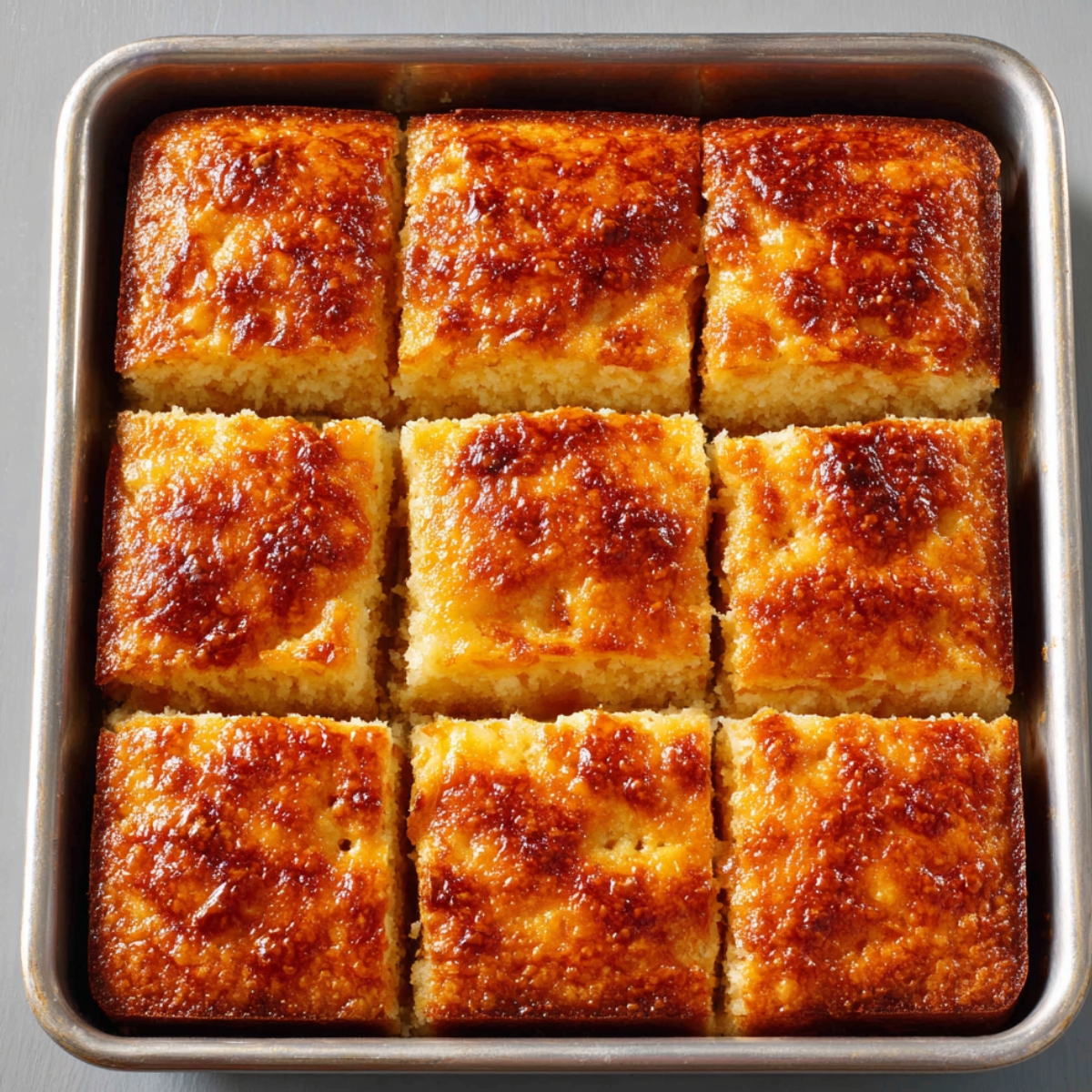 A baking pan filled with evenly cut squares of rich, gooey butter cake. Each square has a glossy, golden-brown top and a soft, dense interior. The pieces glisten with buttery sweetness, and the texture looks both chewy and melt-in-your-mouth soft, showcasing the irresistible caramelized top layer.