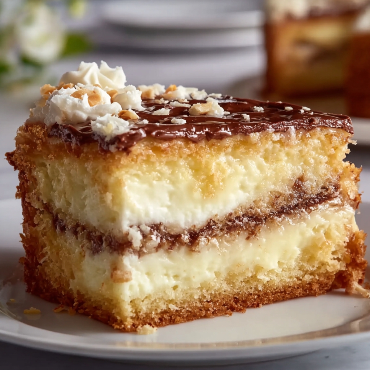 A decadent layered version of Neiman Marcus cake featuring two thick layers of golden butter cake filled with a creamy cheese center. The top is drizzled with rich chocolate and decorated with whipped cream and crushed nuts. The slice sits elegantly on a white plate, looking indulgent and bakery-quality.
