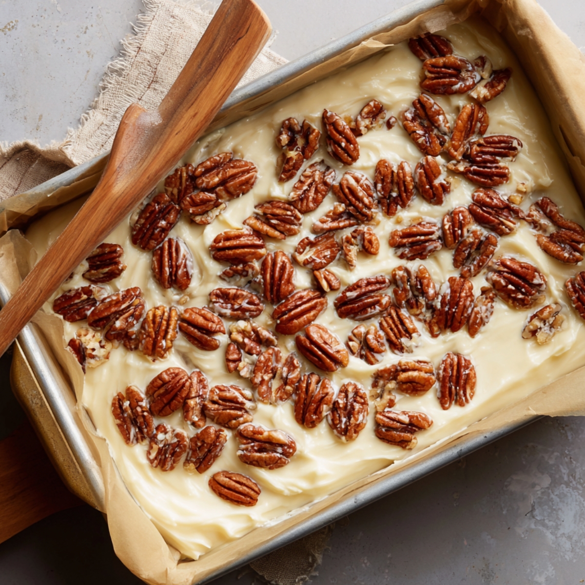 A metal baking pan lined with parchment paper filled with a thick, creamy batter covered generously with glossy, toasted pecans. The mixture has a rich, buttery color and a smooth texture, ready to go into the oven. A wooden spatula rests on the edge, showing the creamy consistency of the batter. The rustic background adds warmth, suggesting a homemade dessert in preparation.