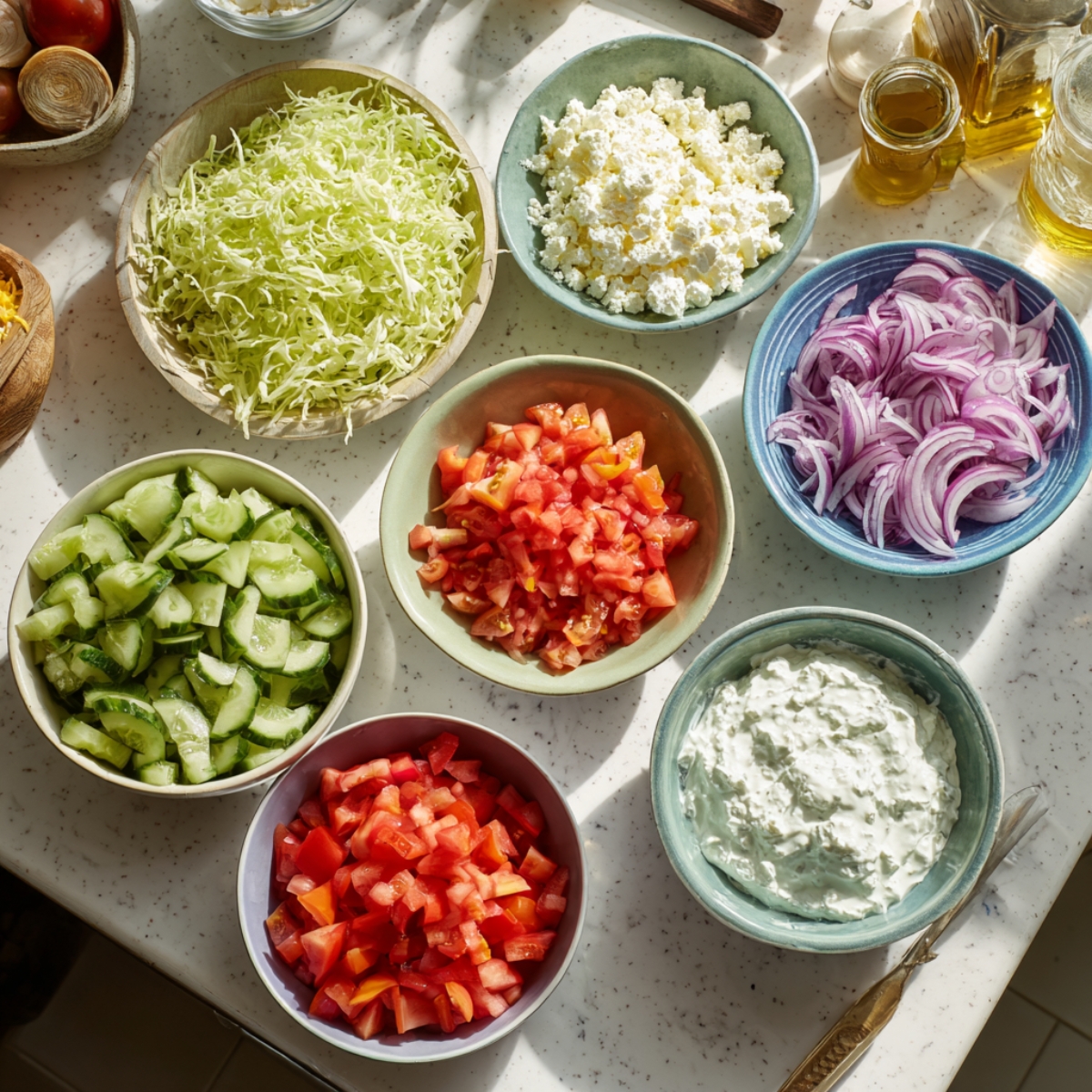 A kitchen countertop with bowls filled with colorful ingredients including shredded lettuce, diced tomatoes, cucumber slices, red onions, crumbled feta cheese, and tzatziki sauce.