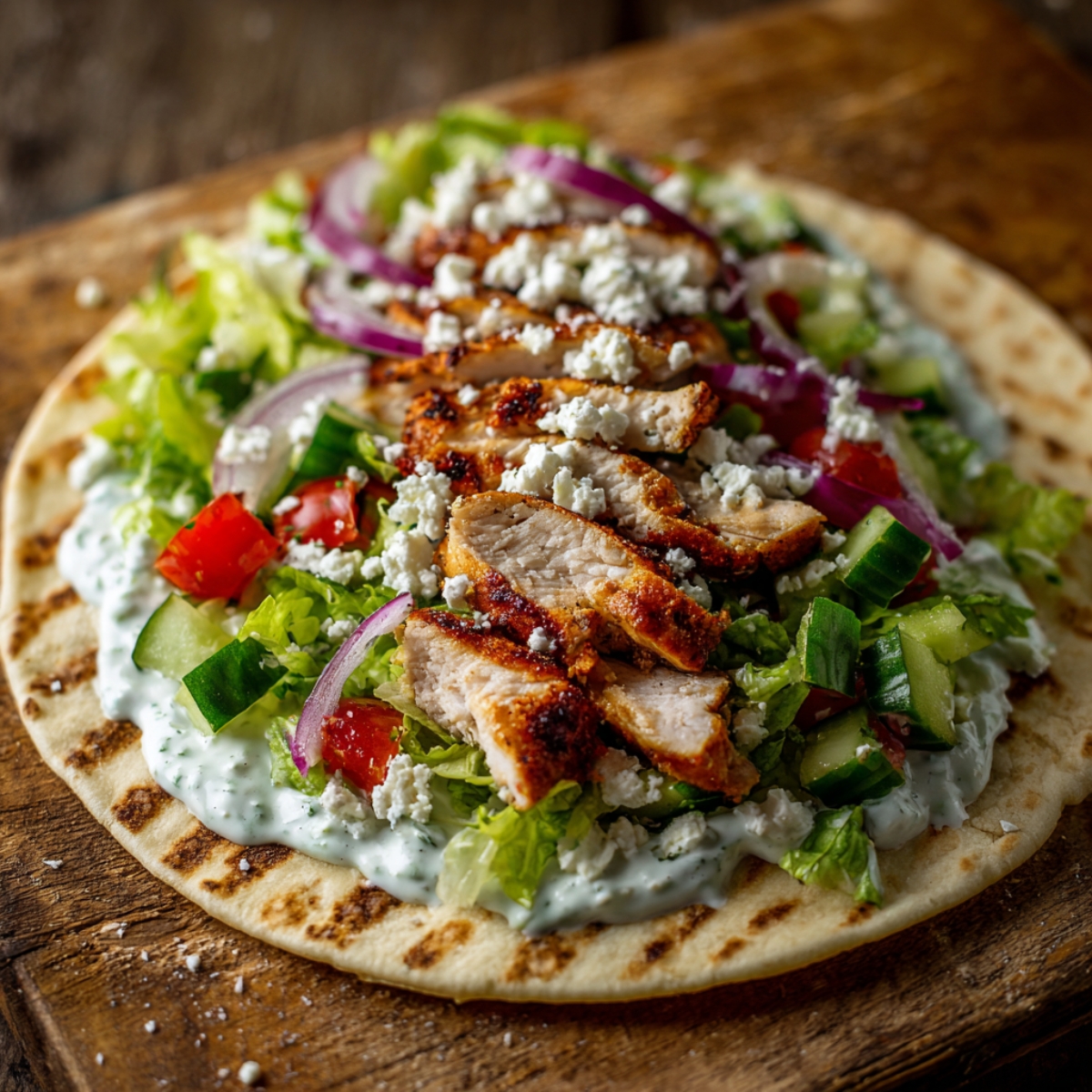 A freshly prepared chicken gyro on flatbread topped with grilled chicken slices, diced cucumber, tomato, red onion, lettuce, feta cheese, and creamy tzatziki sauce.