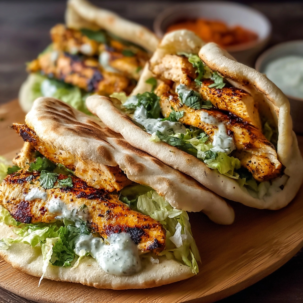 Grilled chicken pita wraps filled with lettuce, tzatziki sauce, and herbs, arranged on a wooden board with dipping sauces in the background.