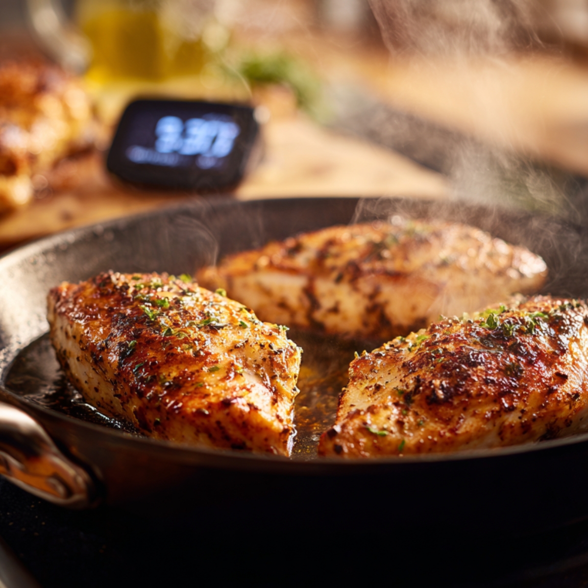 Juicy, golden-brown chicken breasts sizzling in a hot skillet, seasoned and cooked to perfection, with steam rising and a warm kitchen background.