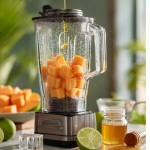 Blender filled with cubed papaya, lime halves, honey, and ice cubes on a kitchen counter ready for blending