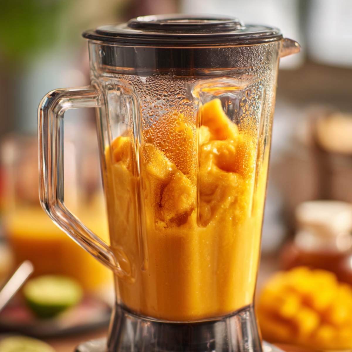 Close-up of a blender mixing smooth papaya puree, showing creamy texture and condensation on the glass.