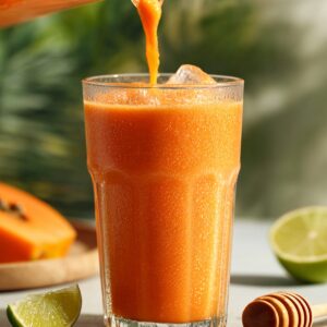 Papaya smoothie being poured into a glass with ice, surrounded by lime wedges and a honey dipper.”