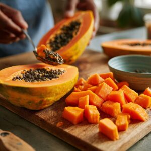 Person scooping seeds from a ripe papaya and cutting it into cubes on a wooden board.