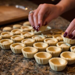 A person shaping mini tart shells by pressing dough into muffin tin cups, with multiple shells already pressed and ready for filling.