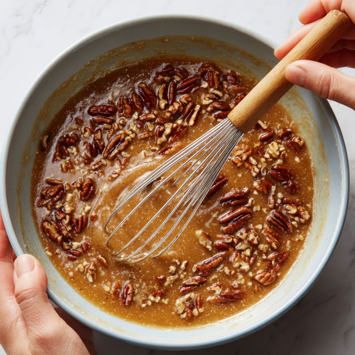 A bowl with brown sugar filling mixed with pecans, being whisked together with a hand stirring the mixture.