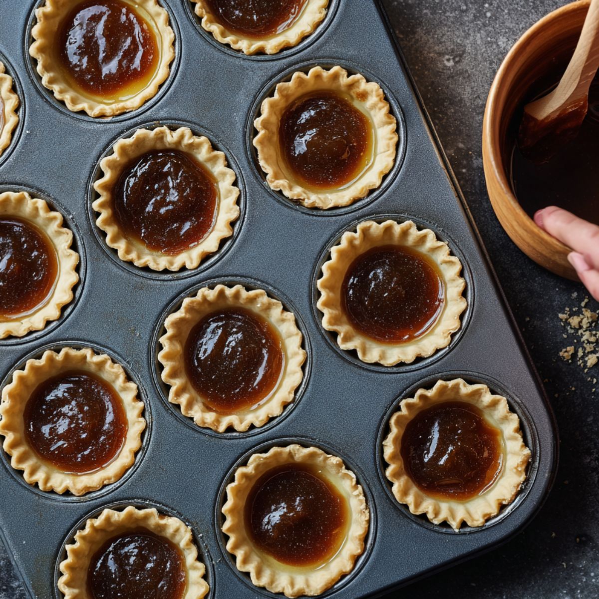 A muffin tin filled with unbaked tart shells, each with a dollop of brown sugar filling inside, ready to be baked.