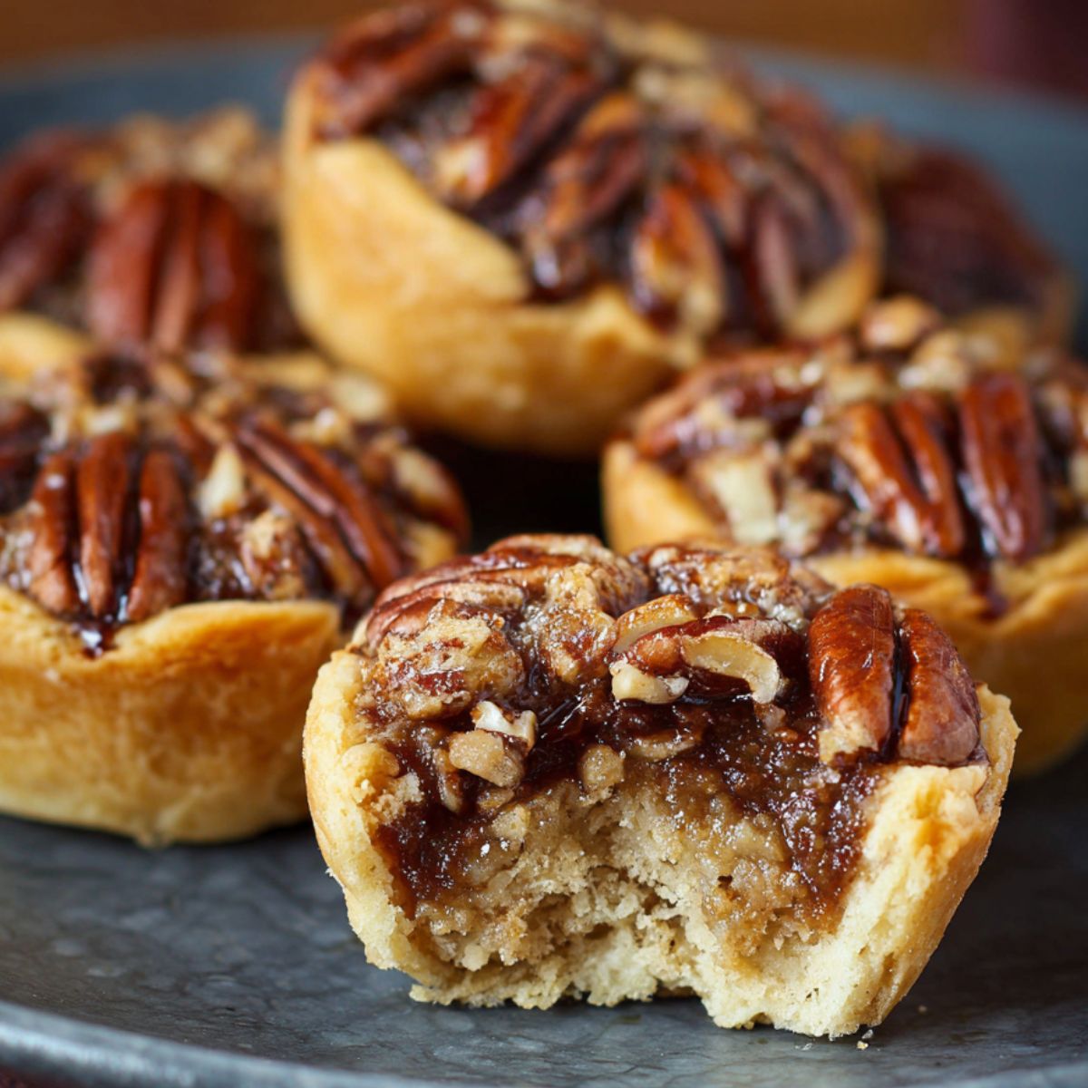 Pecan tassies on a plate with a bite taken out, showing a soft, nutty interior and a crisp crust.