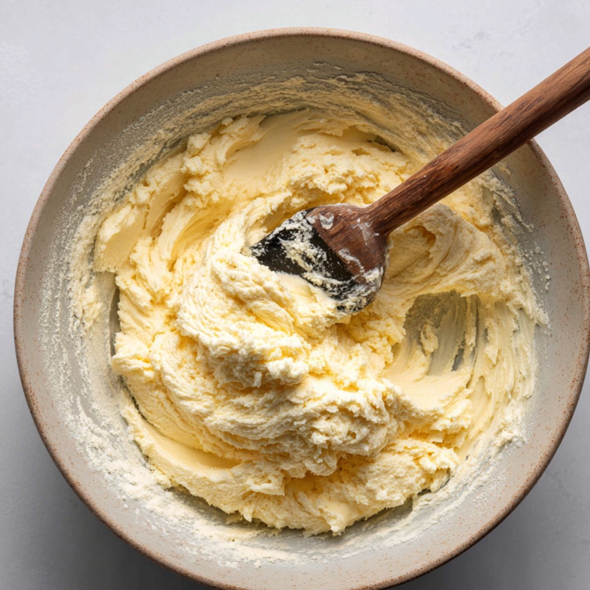A bowl of cream cheese dough being mixed with a wooden spoon, showcasing the soft, smooth texture of the dough.