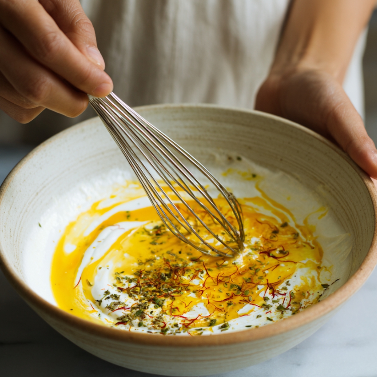 Start by placing yogurt in a large bowl. Add turmeric, saffron water, garlic, lemon juice, and seasonings, then whisk until smooth.