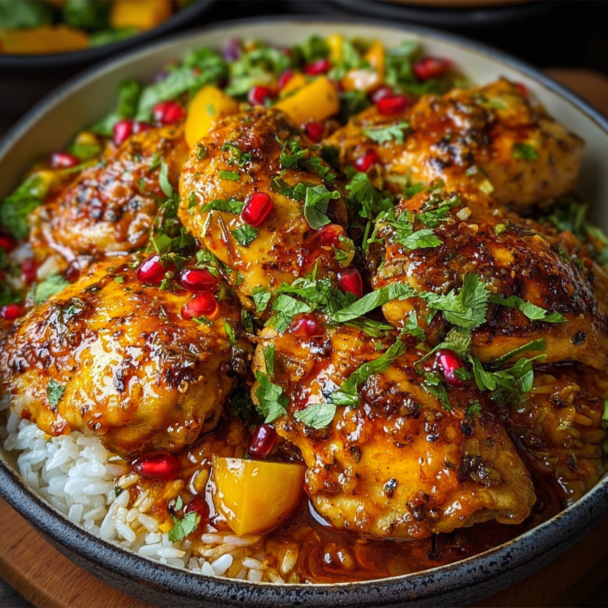 "A vibrant, flavorful dish of Persian-style chicken, served over rice and garnished with fresh pomegranate seeds and herbs."