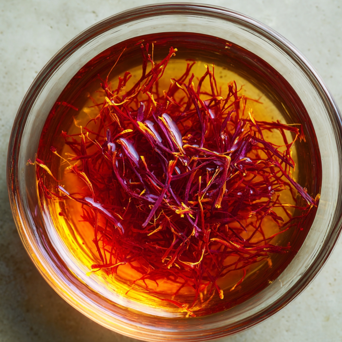 Crush saffron threads gently between your fingers and drop them into hot water. Let it sit for 10-15 minutes to release its deep color and aroma.