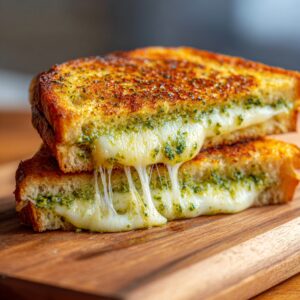 A slice of pesto grilled cheese cooking in a skillet on the stove, sizzling in melted butter with herbs and pesto spread across the bread’s surface.