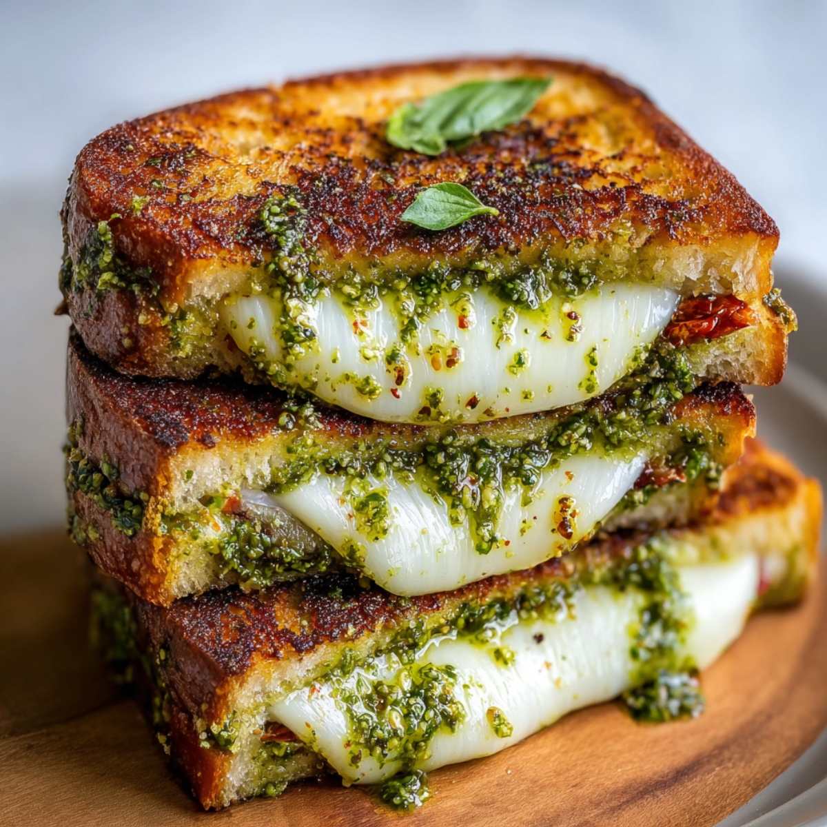 A stack of pesto grilled cheese sandwiches with gooey melted cheese and basil pesto oozing between perfectly toasted bread slices, garnished with fresh herbs.