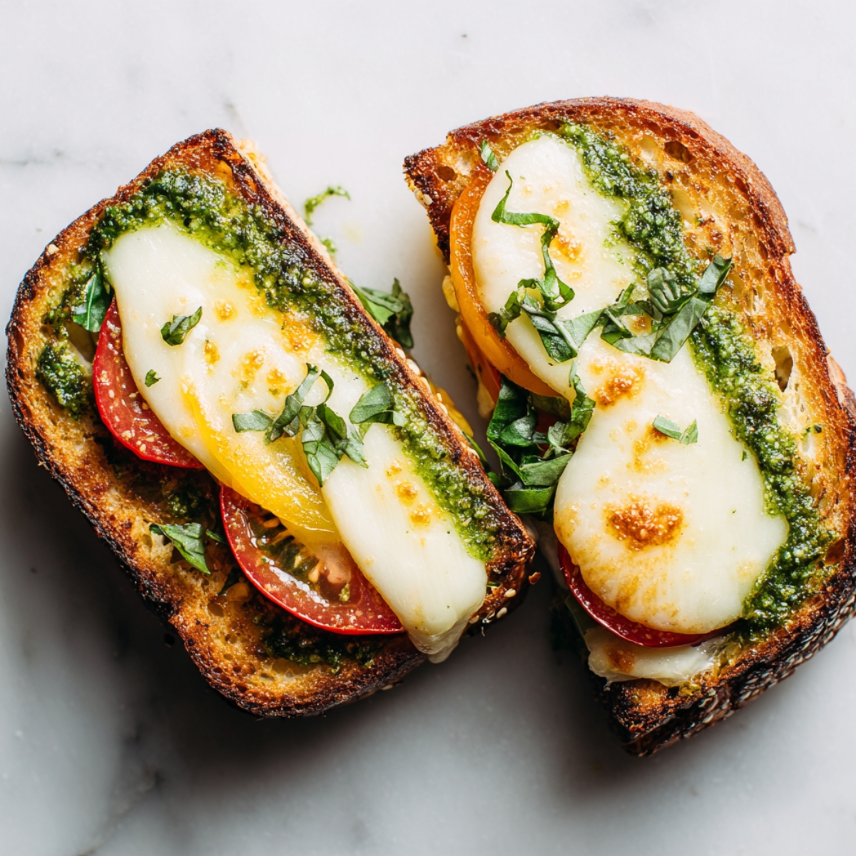 Two open-faced sandwiches topped with mozzarella cheese, pesto, fresh basil, and tomato slices on toasted bread, ready to be grilled.