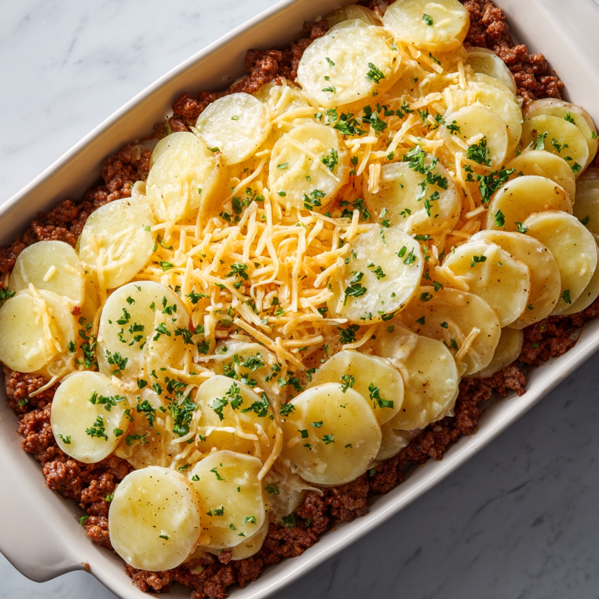 A baking dish filled with a layer of sliced potatoes arranged over seasoned ground beef. The potatoes are lightly seasoned with salt, pepper, and parsley, and sprinkled with shredded cheddar cheese, ready to be baked into a creamy, cheesy casserole.