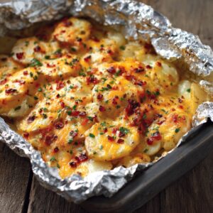 A foil-lined baking tray filled with potato and hamburger casserole topped with bubbling cheddar cheese and bits of crispy bacon. The melted cheese has caramelized slightly, and the dish is garnished with chopped parsley, giving it a rich, golden, and comforting appearance on a rustic wooden table.
