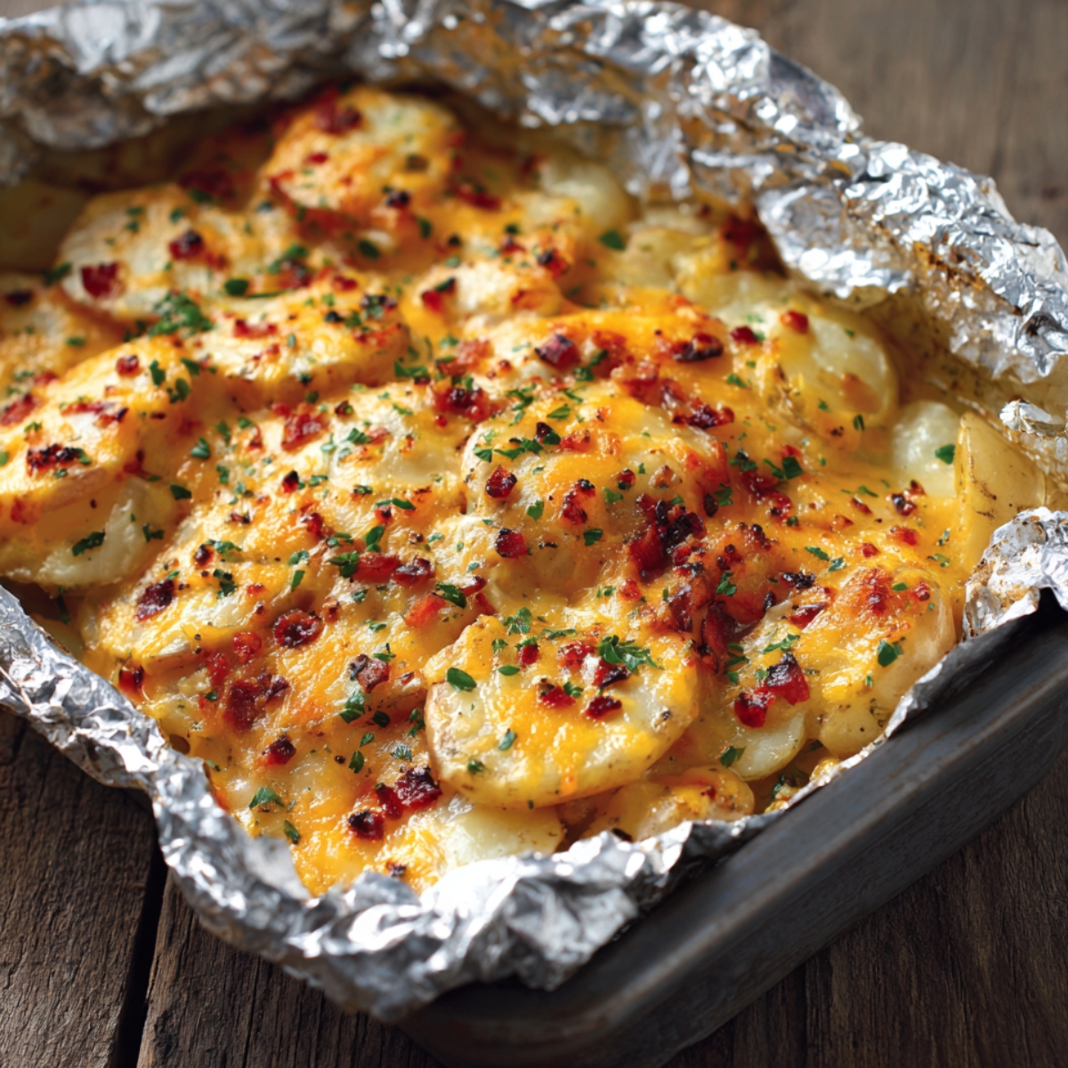 A foil-lined baking tray filled with potato and hamburger casserole topped with bubbling cheddar cheese and bits of crispy bacon. The melted cheese has caramelized slightly, and the dish is garnished with chopped parsley, giving it a rich, golden, and comforting appearance on a rustic wooden table.
