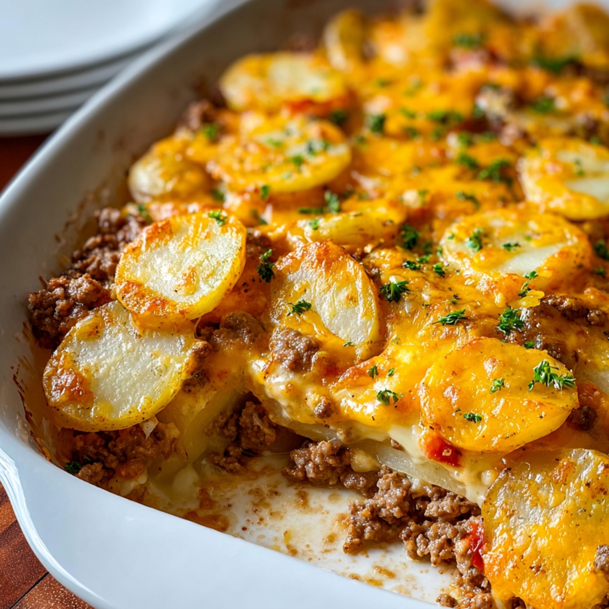 A freshly baked potato and hamburger casserole in a white ceramic dish. The dish features layers of thinly sliced golden potatoes, seasoned ground beef, and melted cheddar cheese, topped with a sprinkle of chopped parsley for color. The cheese is bubbly and browned around the edges, giving the casserole a rich, hearty appearance.
