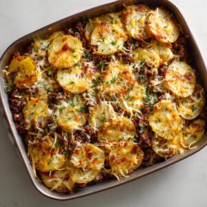 A baked potato and beef casserole in a rectangular baking pan. The top is golden-brown with melted cheese and crispy edges, dotted with fresh thyme leaves and browned bits of beef. The thinly sliced potatoes are layered evenly, giving the dish a comforting, homemade look.