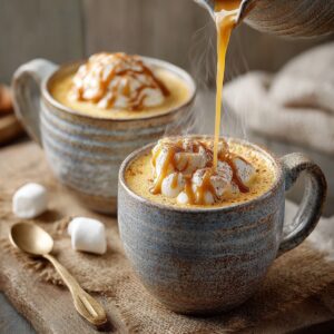 Two ceramic mugs of steaming pumpkin spice white hot chocolate topped with whipped cream and drizzled caramel sauce, with marshmallows and a golden spoon beside them