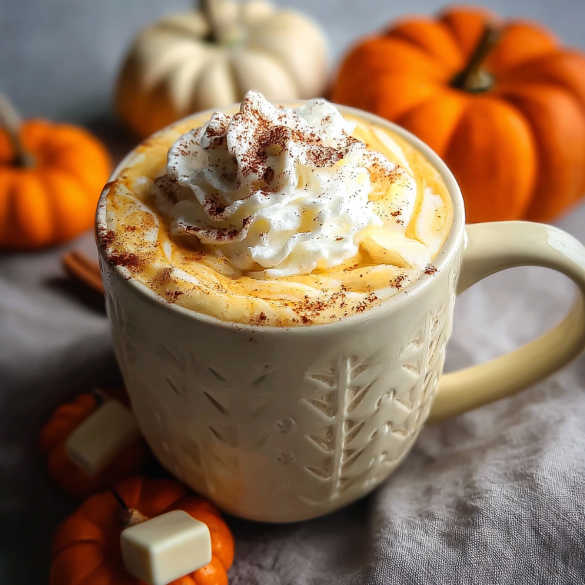 A cozy mug of pumpkin white hot chocolate topped with whipped cream and sprinkled with cinnamon, surrounded by small pumpkins and white chocolate pieces on a gray cloth.