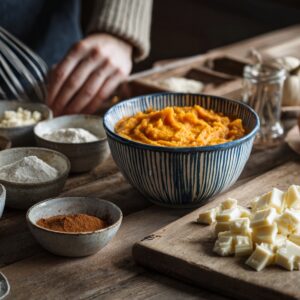 A rustic wooden table with bowls of pumpkin puree, flour, cinnamon, and chopped white chocolate, with a person whisking ingredients in preparation for pumpkin white hot chocolate.