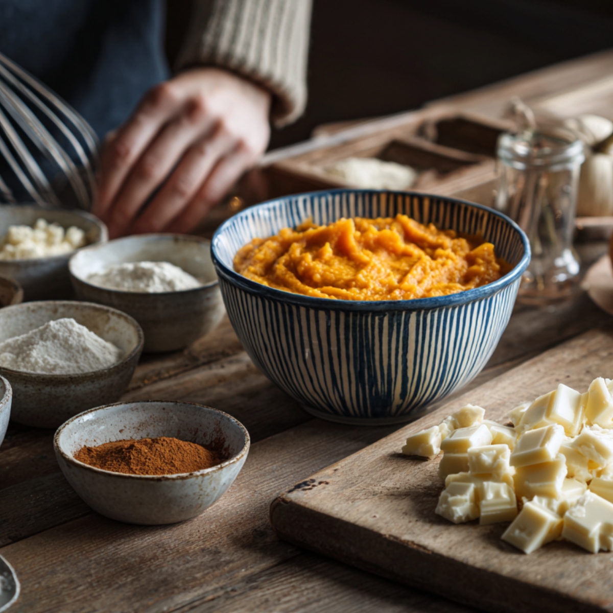 A rustic wooden table with bowls of pumpkin puree, flour, cinnamon, and chopped white chocolate, with a person whisking ingredients in preparation for pumpkin white hot chocolate.