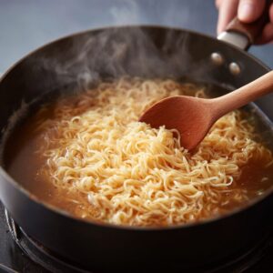 A small saucepan filled with broth, steaming as noodles are being added