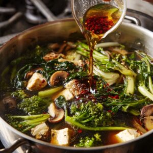 A pot on the stove with broccoli, mushrooms, and tofu being prepared with a flavorful broth.