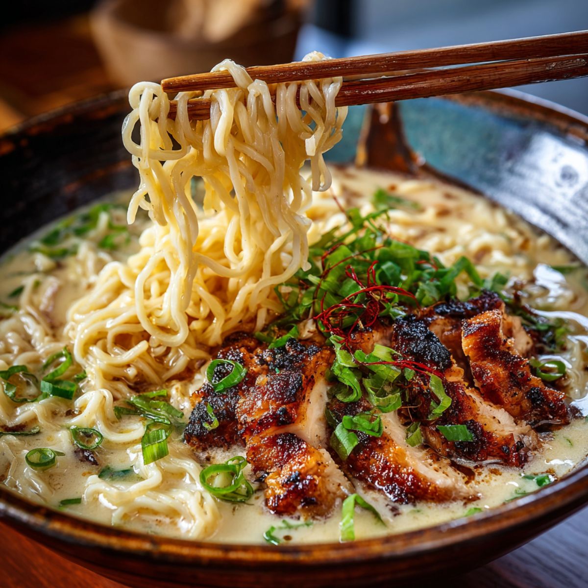 A close-up of a steaming bowl of ramen with tender grilled chicken, garnished with green onions and red chili flakes, with noodles being lifted by chopsticks.